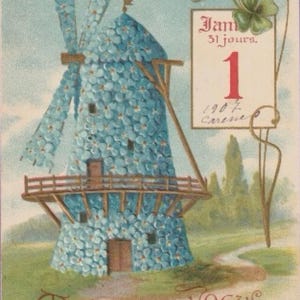 Carte postale française ancienne gaufrée envoyée en 1907, moulin à vent recouvert de fleurs de myosotis, bonne année, imprimée en Allemagne