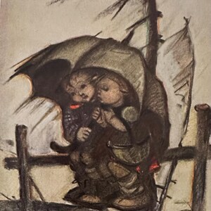 Cartão postal da artista Maria Hummel, crianças alemãs ilustradas se protegendo sob um guarda-chuva, cartão postal da década de 1930