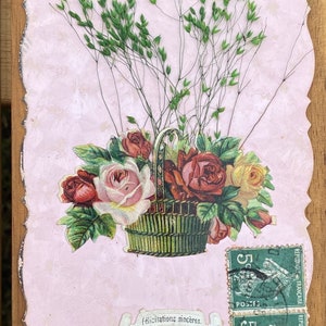 Antica cartolina francese fustellata, immagini floreali fustellate di rose con fiori secchi // Circa 1900, affrancata