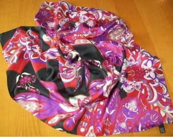 Peacock Feather Silk Scarf, Red Pink Black, Abstract Vintage Fabric