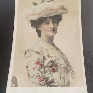 Antique French Postcard. Theatre Star Legard, Glamorous Actress wearing Fashionable Hat and Dress, Hand Tinted, Franked 1904