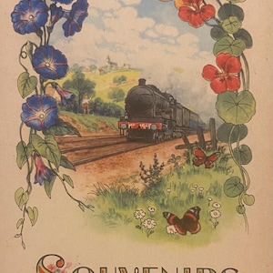 Cartão postal de lembrança do sul da França, década de 1920, Salin-de-Giraud Camargue, imagens Art Déco, trem de flores e borboletas