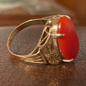 Anillo de coral Art Déco, oro de 18 quilates, joyería vintage