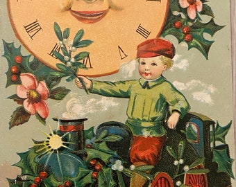 Antique Embossed Postcard, Happy New Year // Victorian Father Time, Holly, Little Boy on Train // Printed in Saxony