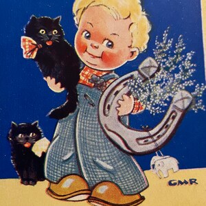 Postal de buena suerte, gatos negros, herraduras y brezos, franqueada en 1954, principios del reinado de la reina Isabel