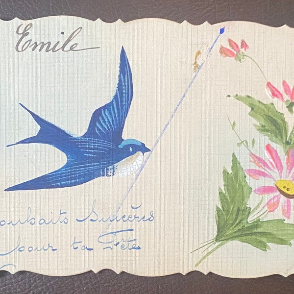 Antike französische Postkarte, künstlerischer Saint Emile Day 1900er Jahre, Zweig der rosa Gänseblümchenblume, Schwalbe, die Nachricht liefert