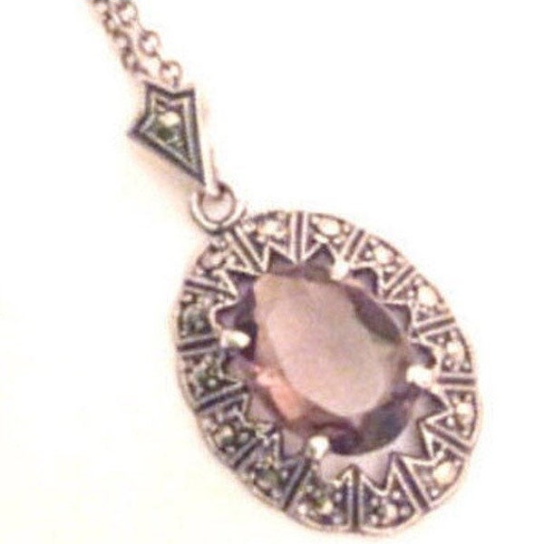 Art Nouveau Smokey Quartz Pendant with Chain, Marcasite, Sterling Silver Vintage Jewelry