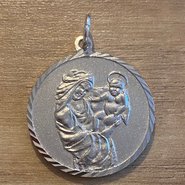 French Religious Medal, Notre Dame Mary with Baby Jesus, Silver Alloy