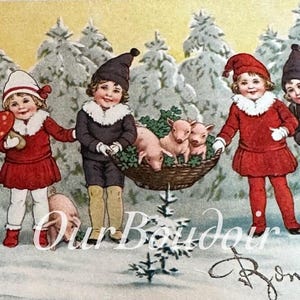 French Bonne Annee, Nostalgic Postcard, Children with Basket of Pigs, Dressed as Gnomes, Antique Paper Ephemera, Publisher AGB Munich