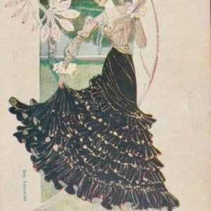 Cartolina postale Art Déco degli anni '10, firmata dall'artista Ludric // Vestita di nero, che balla // Pubblicità Chaussures Raoul // Scritta su
