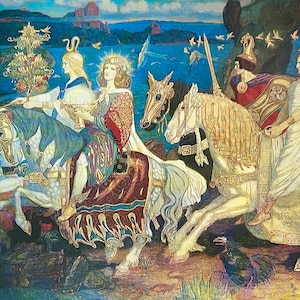 Cartolina "I cavalieri del Sidhe", artista francese John Duncan (1882-1932), mostra alla Barbican Art Gallery