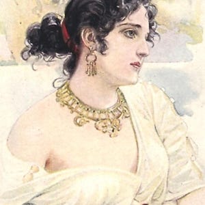 Cartolina illustrata dell'artista, Doubek, Figure femminili nell'arte e nella poesia, Ifigenia (vedi descrizione), affrancata 1900