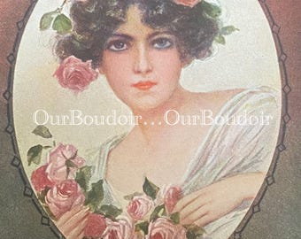 Romantic Lady of the Roses Art Nouveau Postcard Illustrated by Artist E Colombo 1910, Italian UNWRITTEN