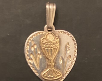 French Silver Art Nouveau Heart Pendant or Charm // Chalice, Eucharist, Last Supper, 1st Communion // Hallmarked Silver 925