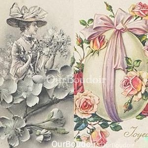 Due antiche cartoline pasquali, un uovo di Pasqua decorato e una signora affascinante, collezione di 2 bellezze francesi