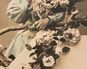 Postal antigua, dos niños, Bonne Année, impresión cromolitográfica teñida a mano, franqueada en 1912