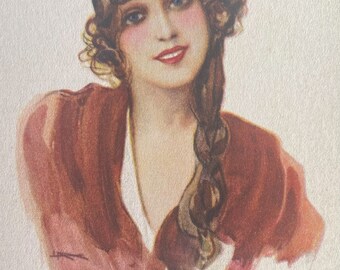 Art Deco Artist Illustrated Postcard, Italian Metlicovitz// Belle Epoque Beauty, Ringlets in Her Hair // Unwritten, Exc Antique Condition