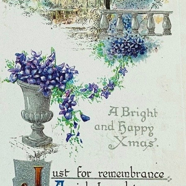 Embossed Antique Christmas Postcard // Art Deco Imagery, Blue Flowers Pretty House // Printed in Germany, Signed 1913