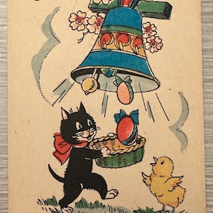 Cartolina di Pasqua francese antica, gatto nero e campanellino rosso
