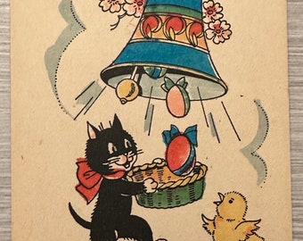 French Easter Postcard Antique, Black Cat Red Bell