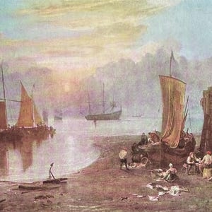 Carte postale Le lever du soleil à travers la vapeur, bateaux de pêche, artiste Turner, National Gallery de Londres, vintage inutilisé
