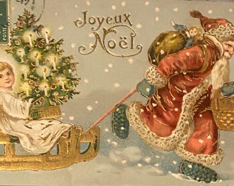 Embossed Christmas Postcard, Santa Claus, Long Robe or Coat, Golden Toboggan, Child with Tree, Printed in Prussia or Bavaria 1900s