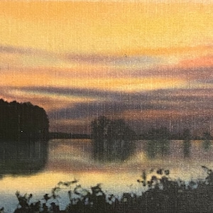 Twilight on Pymatuning Lake in Pennsylvania en Ohio, linnen ansichtkaart, fantastisch uitzicht, ONGEBRUIKT