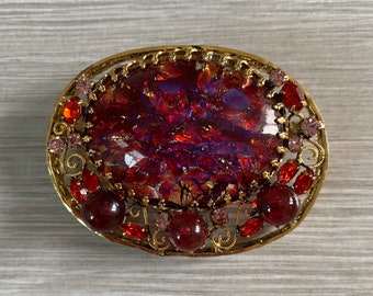 Signed Schreiner Brooch, Lucite Marbled Cabochon, Pink, Purple, Orange, Red, 1960s Designer Jewellery HIGHLY COLLECTIBLE