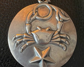 Margot de Taxco Silver Pendant,  Zodiac Sign The Crab for Cancer, Mexican Antique Jewellery