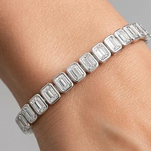 Bezel-Set Emerald-Cut Diamond Tennis Bracelet in White Gold