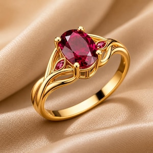 Könnte beinhalten: Ein Goldring mit einem großen, oval geschliffenen, tiefroten Edelstein als Mittelstück, flankiert von zwei kleineren, marquise-geschliffenen roten Steinen. Die Ringschiene ist mit filigranen, fließenden, rankenartigen Metallverzierungen versehen.