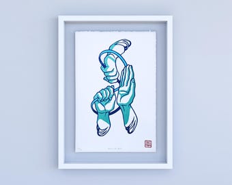 Hands of Fate Linocut Print: Surreal Art, Limited Edition
