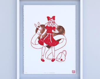 Alice in Wonderland Linocut Print: Surreal Art with Copper Leaf (11x15)