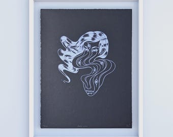 Limited Edition Linocut Print: Surrealist Woman, Dark Wave Art (11x15)