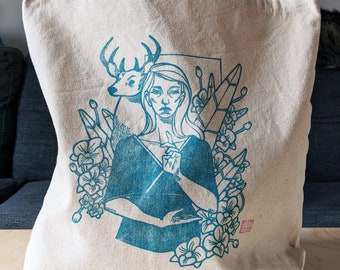 Hand-Printed Tote Bag: Surreal Linocut Art on Cotton
