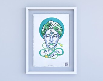 Surreal Linocut Print: "True Sight" Limited Edition (7.5x11")