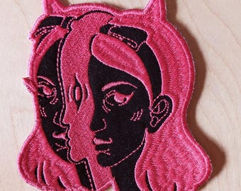 Embroidered Devil Girl Patch: Hot Pink Surreal Art, Sew-On Applique