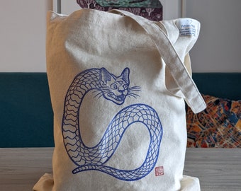 Borsa tote stampata a mano / Estetica surreale / Linoleografia su tessuto Artista di Montreal