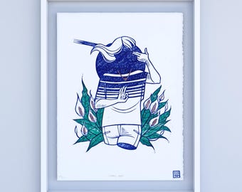 Limited Edition Linocut Print: Surrealist Art with Copper Leaf (11x15)