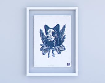 Deadly Catnip Linocut Print: Surreal Cat Art (7.5x11")