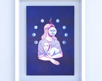 7x10" Limited Edition Risograph | Medieval inspired Cat Art | Traditional art made in Montreal