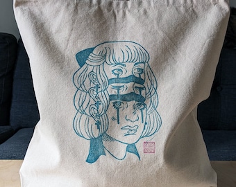 Hand-Printed Surreal Linocut Tote Bag: Montreal Artist Design