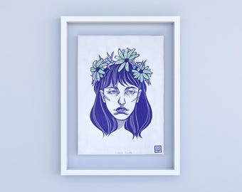 Hand-Painted Linocut Print: Surreal Woman with Flowers (7.5x11")