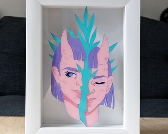 Framed Dark Portrait Painting: Engraved Acrylic Gouache Art