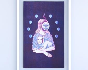 10x16" Limited Edition Risograph | Medieval inspired Cat Art | Traditional art made in Montreal