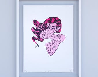 Limited Edition Neon Ghost Linocut Print: Surrealist Art (11x14)