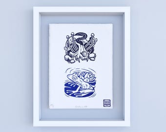Limited Edition Linocut Print: Surreal Frog & Skull, Hand-Pulled Art