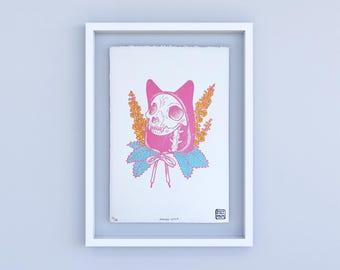 Summer Catnip Linocut Print: Surreal Cat Art, Hand-Printed Limited Edition