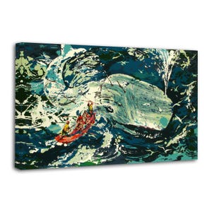 May include: A rectangular canvas print featuring a stylized painting of a large white whale emerging from dark blue and teal ocean waves. A small red boat with several figures is positioned near the whale, surrounded by white sea spray and foam.