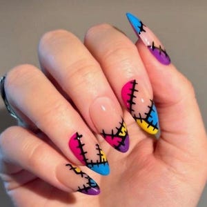 1Halloween Sally Patchwork Stitched French Tip Press On Nails | Fully customizable